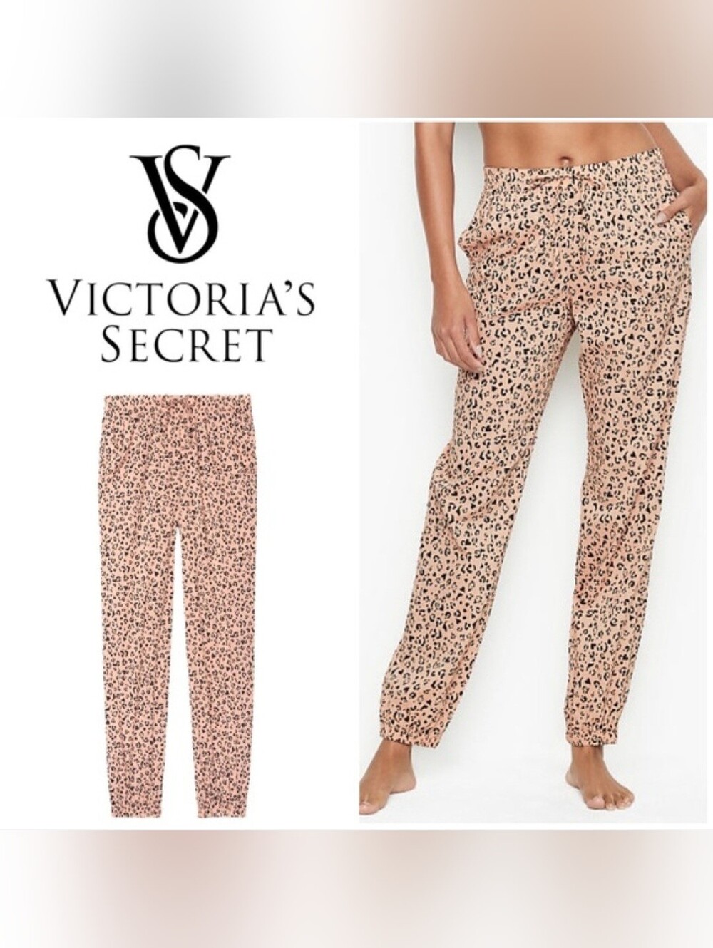 EUC Victoria's Secret Light Heart Leopard Cotton Jogger Size Medium Long